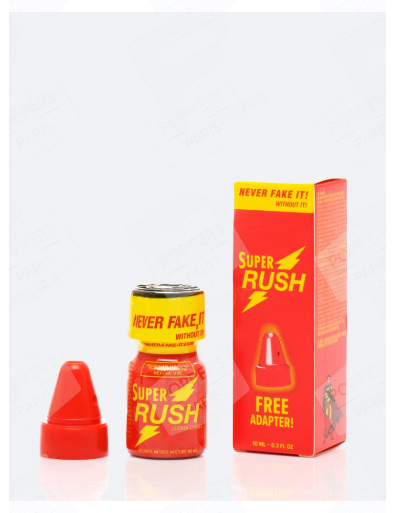 Poppers Super Rush 10ml avec son packaging et le bouchon